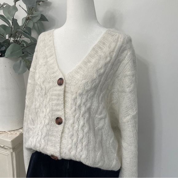 Winter White Chunky Cable Knit Button Down Oversized Cardigan Sweater - Picture 2 of 5